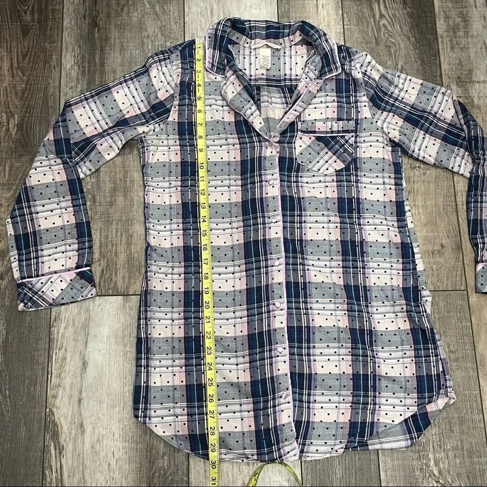 Victoria’s Secret Plaid Button Up Pajama Shirt Pink Lavender Blue Black Size XS
